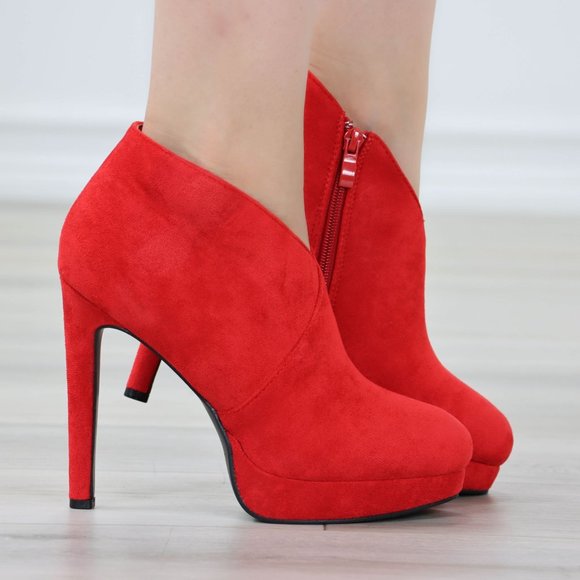 Red Platform Ankle Boots High Heel Stilettos Faux Suede - Picture 2 of 12